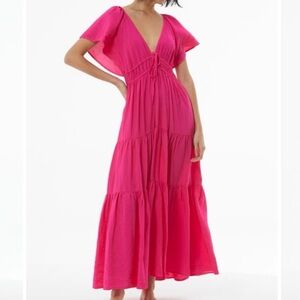NWT Young Fabulous & Broke Small Vibrant Pink Mara Tiered Boho V Neck Maxi Dress